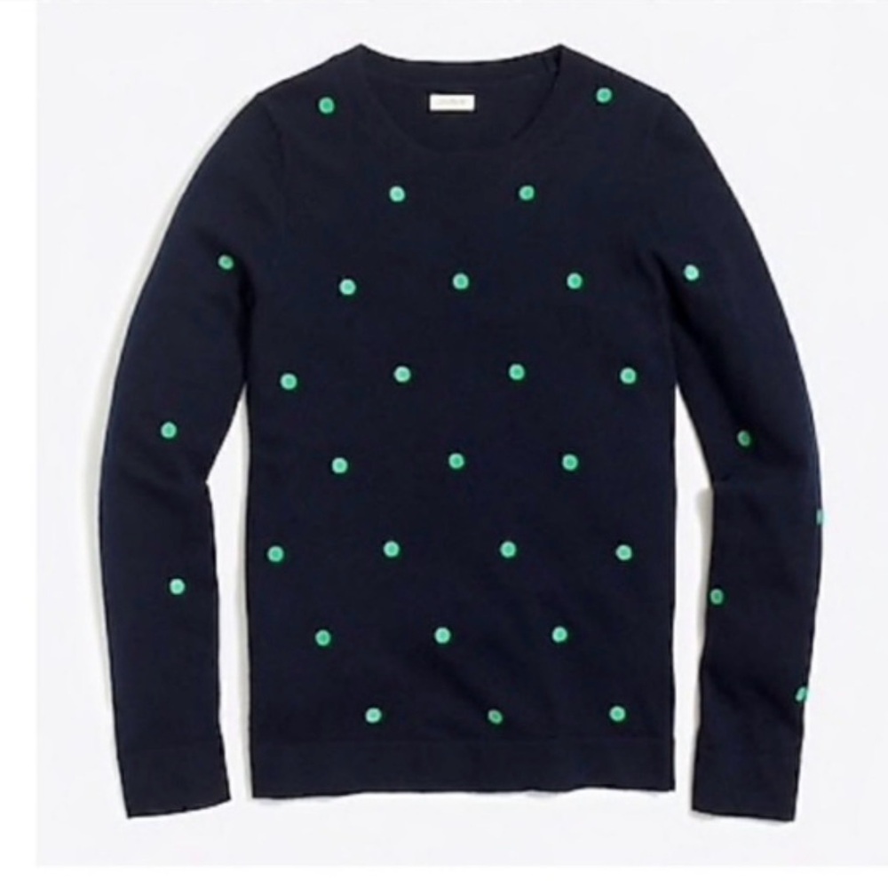 J Crew Navy Cotton Blend Crewneck Sweater With Green Polka Dots Size M